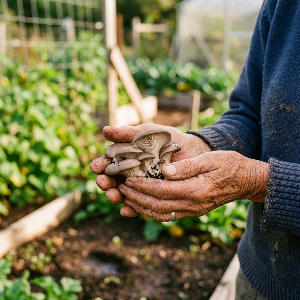 Ann holding freshly harvested mushrooms
